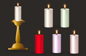 Vector sets of realistic candles that are isolated on a black background.