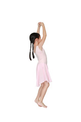 Obraz na płótnie Canvas Little Asian child girl ballerina in pink tutu skirt isolated on white background. Kid practise her dance. Children ballet dancer side view.