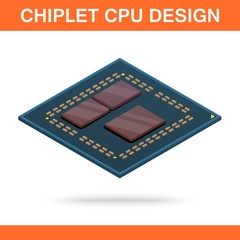 Realistic isometric modern chiplet CPU design front view.