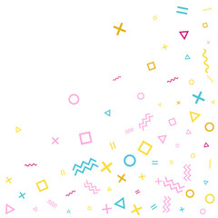 Memphis style geometric confetti vector background with triangle, circle, square shapes, zigzag and wavy line ribbons. 