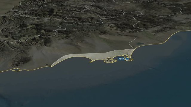 Adan - governorate of Yemen with its capital zoomed on the satellite map of the globe. Animation 3D