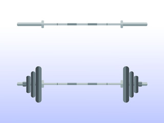 barbell without weight. Barbell with weight. Vector image of a barbell. Weightlifting. Flat isolated image on a light blue background.