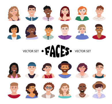 Vector set with isolated avatars on white background. Smiling faces of young men and women. Cartoon characters of multiracial people for use in your design