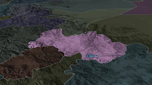 Al Bayda' - governorate of Yemen with its capital zoomed on the administrative map of the globe. Animation 3D