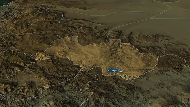 Al Bayda' - governorate of Yemen with its capital zoomed on the physical map of the globe. Animation 3D
