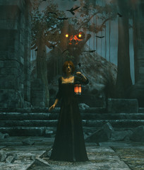 Medieval princess with lantern at night haunted by the undead,3d rendering © Joe Therasakdhi