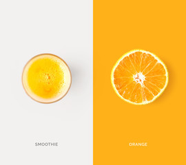 Creative layout made of orange slice and orange smoothie. Flat lay. Food concept. Macro concept.