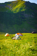 Tent and bike on nature, Lofoten Norway
