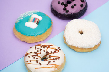 close up of donut on blue background