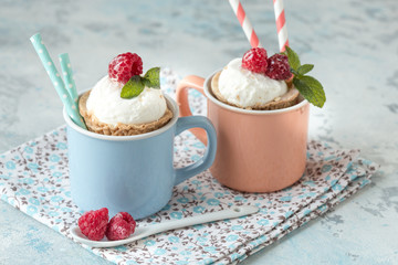 Homemade  vanilla ice cream with fresh mint in color cup. Sweet berry summer dessert. concrete background copy space