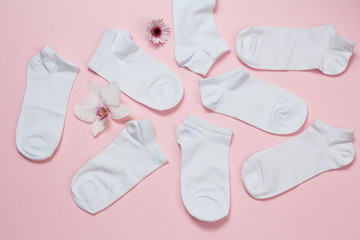 Women socks and flower buds on pink background.