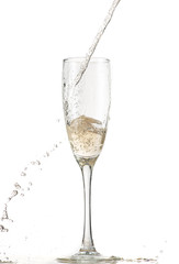 pouring white wine, champagne into a tall glass, strong flow and splash