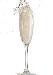 pouring white wine, champagne into a tall glass, strong flow and splash