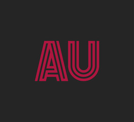 Fototapeta na wymiar Initial two letter red line shape logo on black vector AU