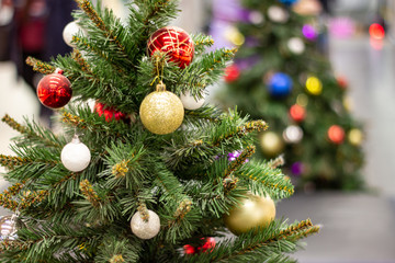 Obraz na płótnie Canvas Decorated christmas tree with blurry background of sparkling second christmas tree. Bright Christmas wallpaper with two elegant coniferous trees, one out of focus. Card. wallpaper, congratulation.