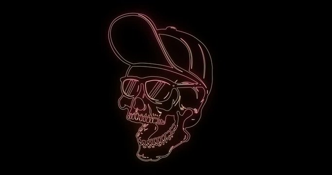 Animation of  human skull in baseball cap from glowing neon lines flames.