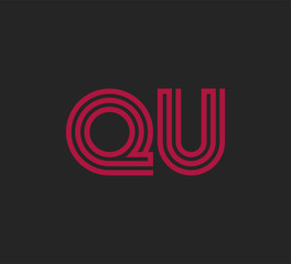 Initial two letter red line shape logo on black vector QU