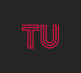 Initial two letter red line shape logo on black vector TU