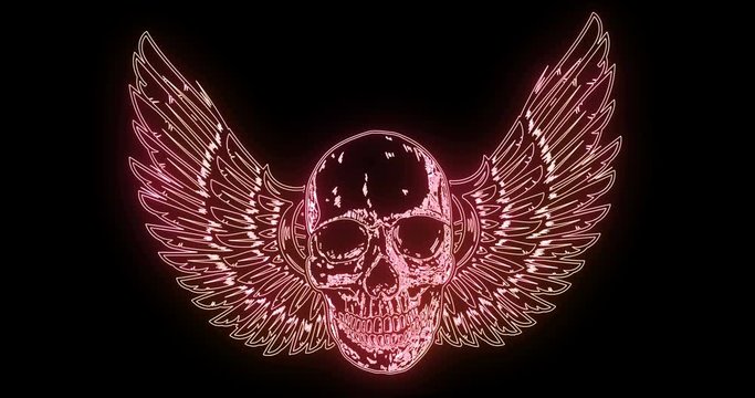 Animation of winged human skull from glowing neon lines flames.