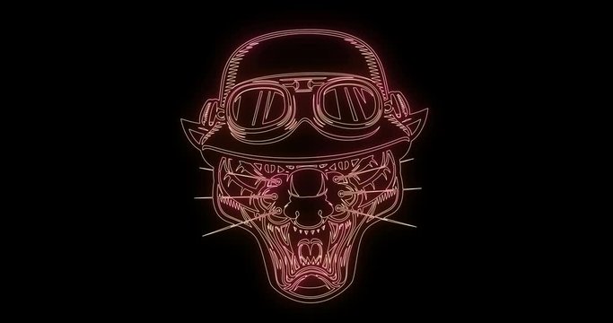 Animation of puma in racer helmet from glowing neon lines flames.