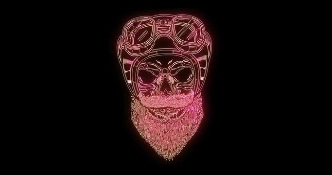 Animation of  human skull in racer helmet from glowing neon lines flames.