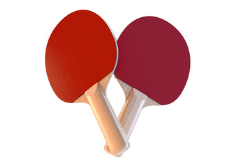A set of two professional wooden ping-pong paddles with red padding on an isolated white studio background - 3D render
