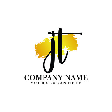 letter JT handwriting Black color logo, and elegant gold brush template