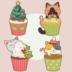 The collection of cute cat with cupcake in christmas theme. The character of cute cat with cupcake in christmas theme.The cupcake have cream look like christmas tree and star and holly leaf and candy.