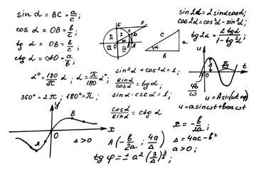 Vintage education background. Trigonometry law theory and mathematical formula equation on whiteboard. Vector hand-drawn illustration.