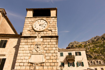 Fototapeta na wymiar Old clock tower in the old town. Cator. Old town. Montenegro.