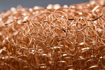 Macro abstract art background of shiny copper wire scrubbing mesh texture