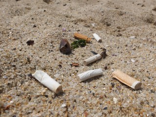 Cigarette stub  on the beach. Eco Concept photo