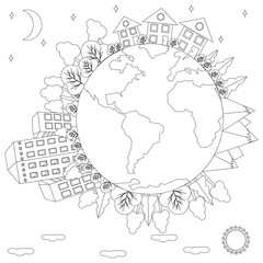 Forests, mountains, village, city, arranged around the Earth on the background of day and night, coloring for children and adults, black and white, vector
