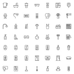Bathroom accessories icons set. linear style symbols collection, outline signs pack. vector graphics. Set includes icons as bath, bathtub, toilet, lavatory, restroom, towel, water, soap dispenser