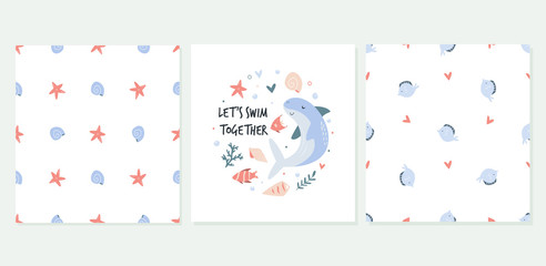 Cute set of greeting cards in a marine style