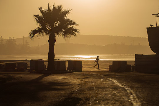 Silhouette of a man jogging on the seasore of the african ocean, passing an old boat with pigeon resting on it, with beautiful landscape in the background