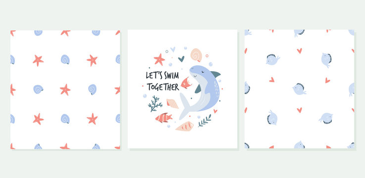 Cute set of greeting cards in a marine style