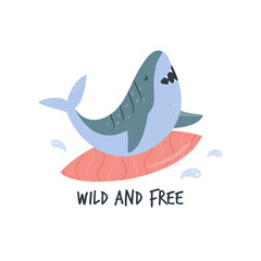 Funny cartoon surfing shark in a flat style.