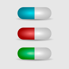 Tablets. Medical capsules. Pharmacy painkillers medicine, vitamins. Isolated objects on a white background. EPS 10