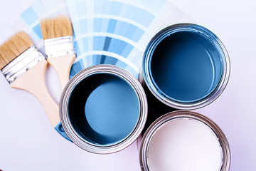 brushes and an open can with blue on a plain gray background