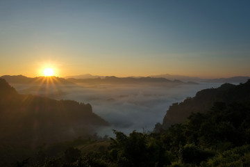 Beautiful landscape with mist and sunrise at Ban Ja Bow , Pang Ma Pha ,Mae Hong Son province ,Thailand.