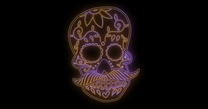 Animation of mexican sugar skull from glowing neon lines.