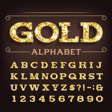 Gold alphabet font. Retro golden beveled letters and numbers with shadow. Stock vector typescript for your design.