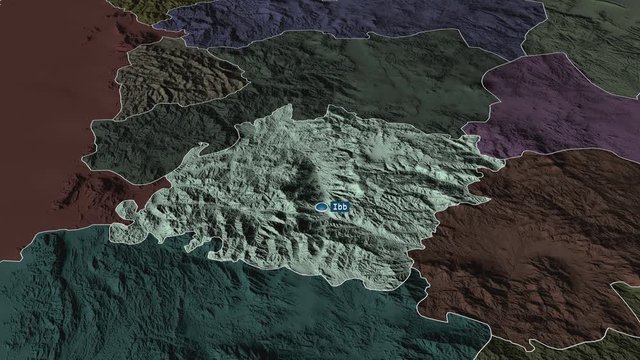 Ibb - governorate of Yemen with its capital zoomed on the administrative map of the globe. Animation 3D
