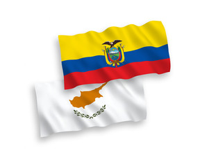National vector fabric wave flags of Cyprus and Ecuador isolated on white background. 1 to 2 proportion.