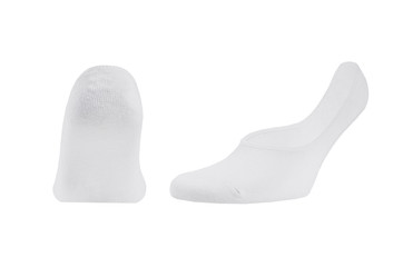 Blank white cotton sport short socks on invisible foot isolated on white background as mock up for advertising, branding, design, back and side view, template.