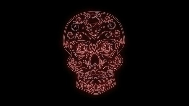 Animation of mexican sugar skull from glowing neon lines.