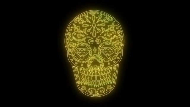 Animation of mexican sugar skull from glowing neon lines.