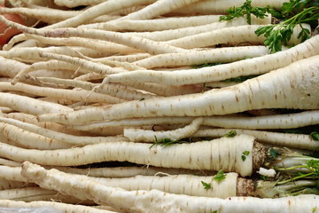 Fresh, parsnips at the weekly market. A bunch of parsnip. Full frame of vegetable.