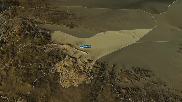 Ma'rib - governorate of Yemen with its capital zoomed on the physical map of the globe. Animation 3D
